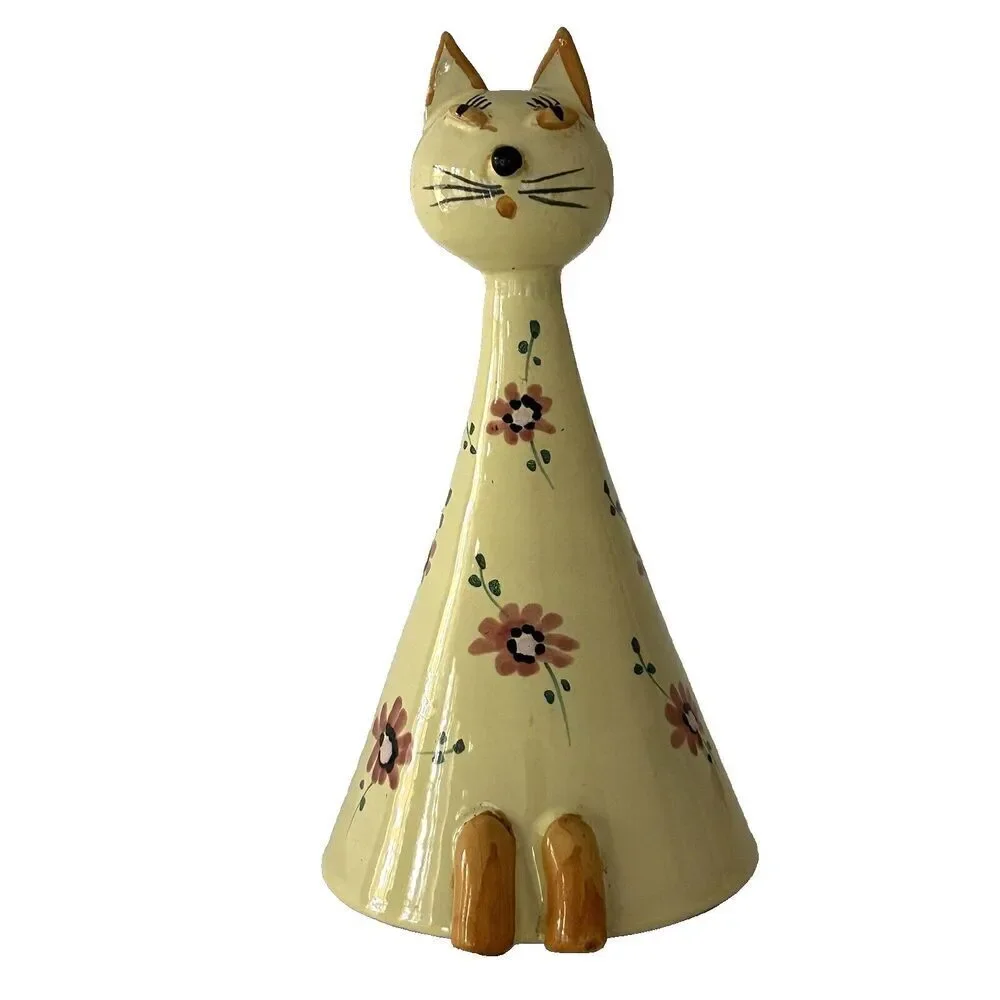 Vintage Italian Pottery Long Neck Cat Bank Signed Italy Hand Painted Floral